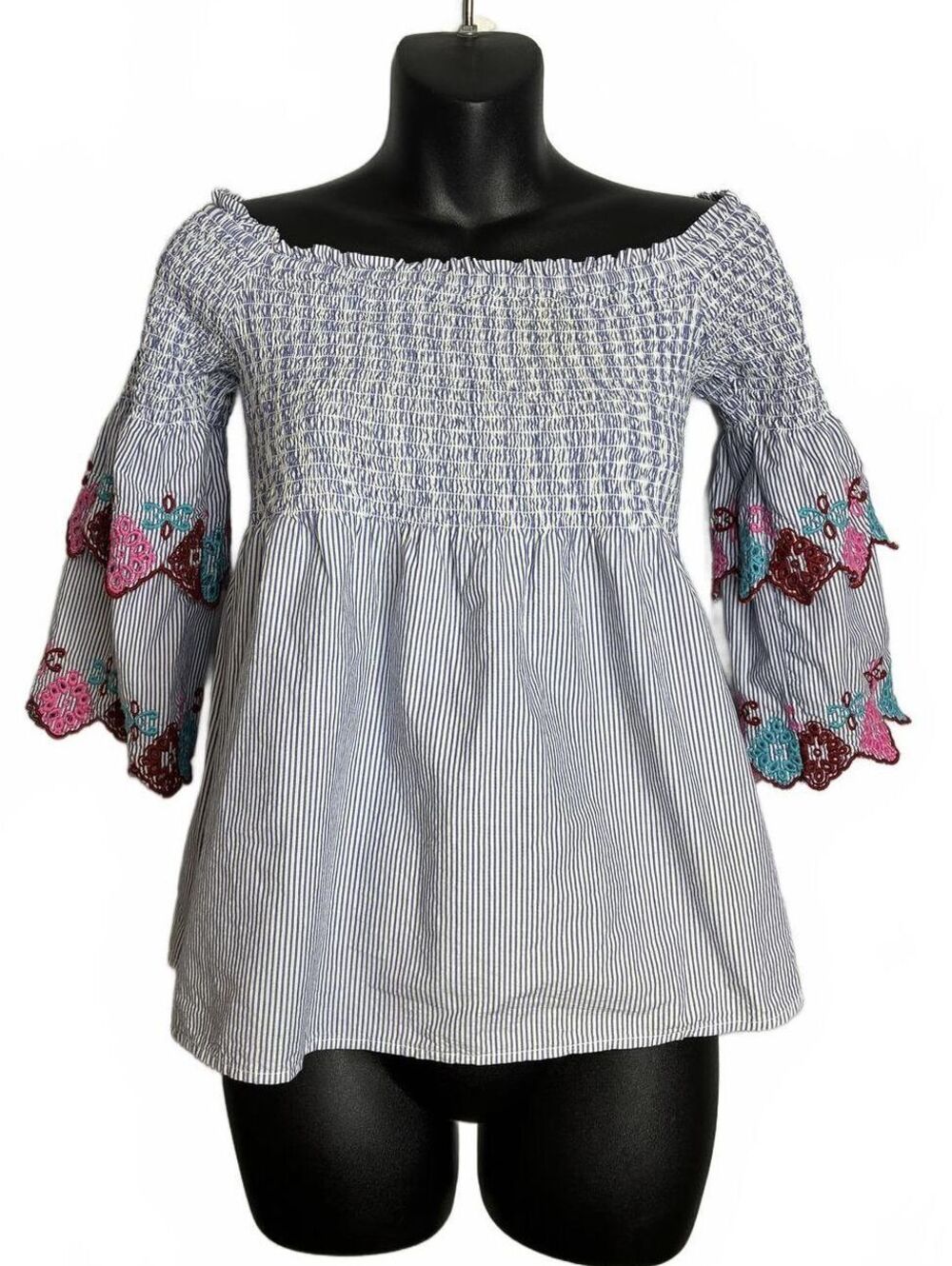 LOFT Petites Women's Off-Shoulder Smocked Top with Embroidered Sleeves, Size SP